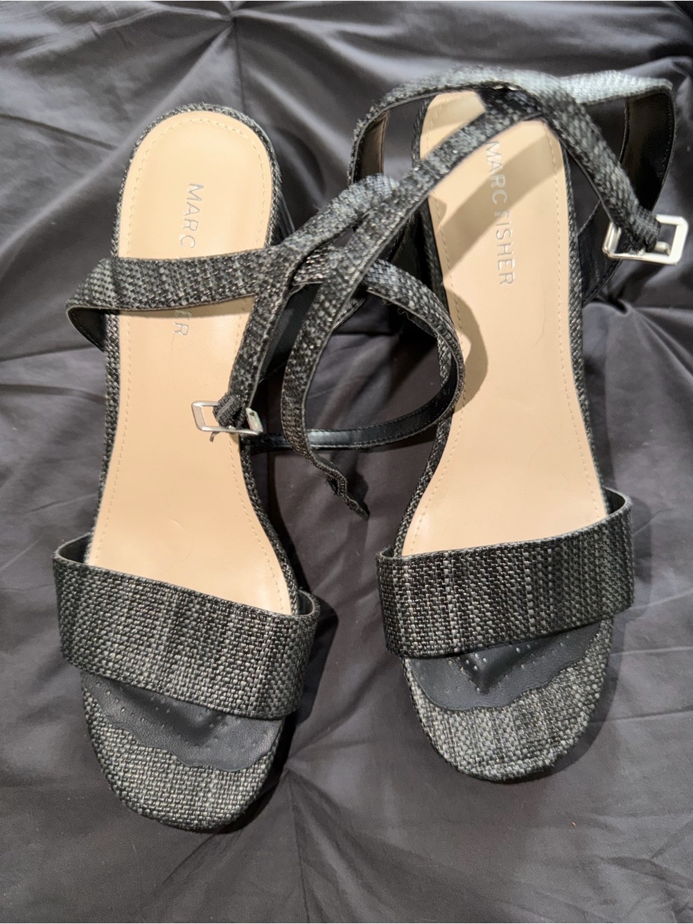 Marc Fisher Black Textured Strap Heeled Sandals